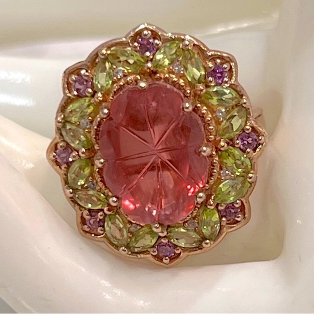 Salmon Quartz Multigemstone 14K RG Sterling Silver Cocktail Statement Ri… - Picture 3 of 10
